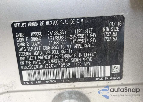 2016 Honda Hr-V Lx from USA, damaged, VIN 3CZRU6H32GM730538